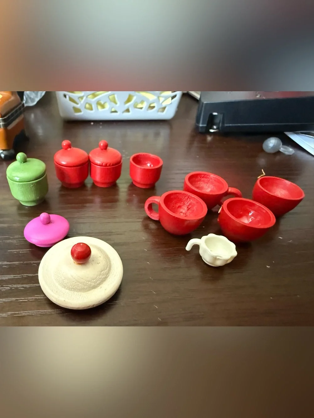 Vintage wooden Dollhouse miniature kitchen Lot: Cups, lip canisters, bowl